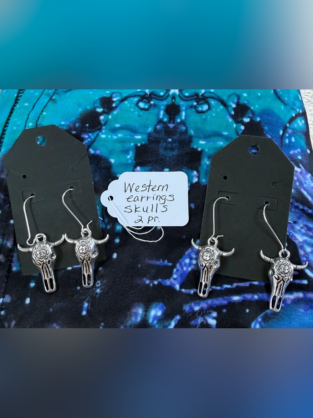 Silver toned Western Skull Dangle Earrings - Set of 2 Pairs-S - Picture 5 of 7